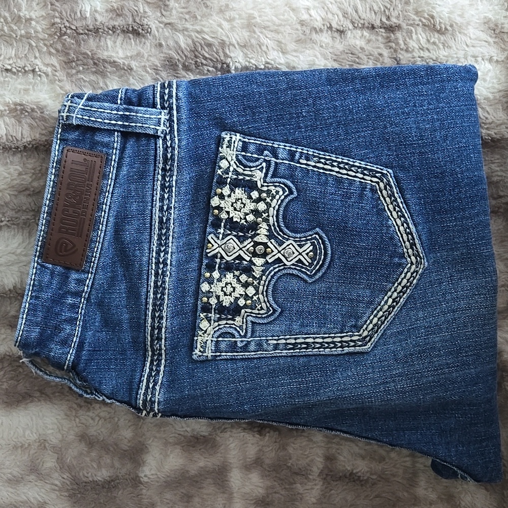 Rock & Roll Denim Blue Jeans with Embroidered Pocket